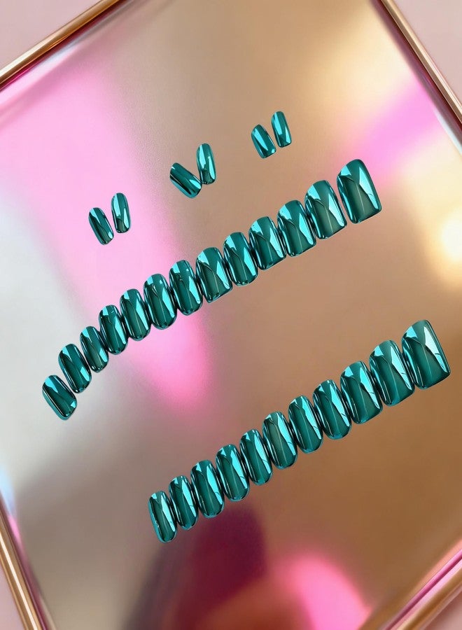 KXAMELIE Chrome Press On Nails Short Square - Glazed Teal Blue Press on Nails with Sparkly Metallic Design, Glitter Shiny Fake Nails Press ons Small, Sparkle Glue on Nail for Women Party, 30 Pcs - Image 4